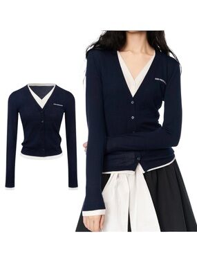 Ann Andelman | Fake Two Piece Wool Long Sleeve Cardigan - Size Small, Dark Blue